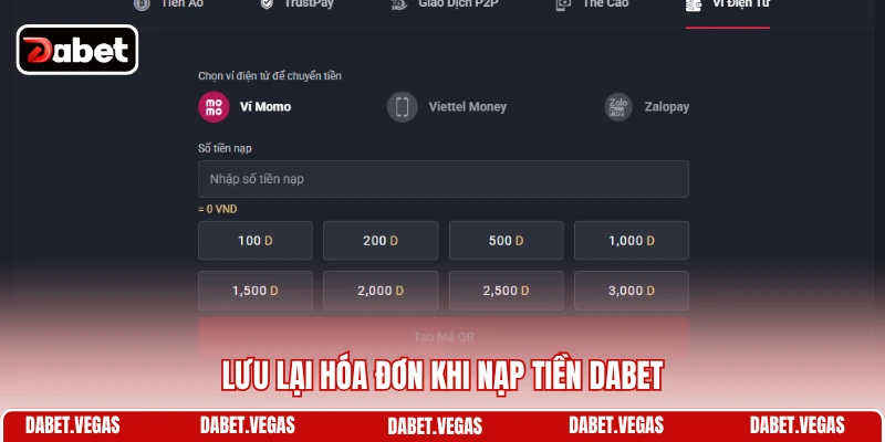 Lưu lại hóa đơn khi nạp tiền DABET